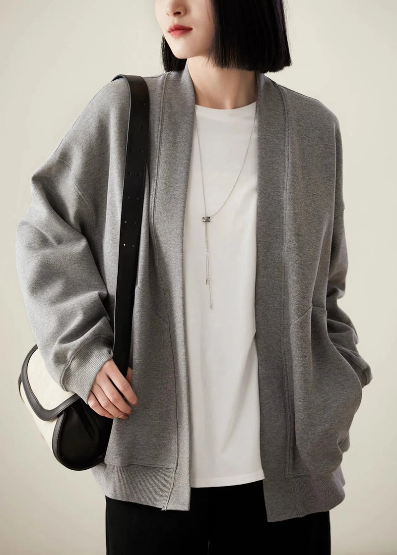 Simple Style Grey V Neck Pockets Cotton Cardigans Spring