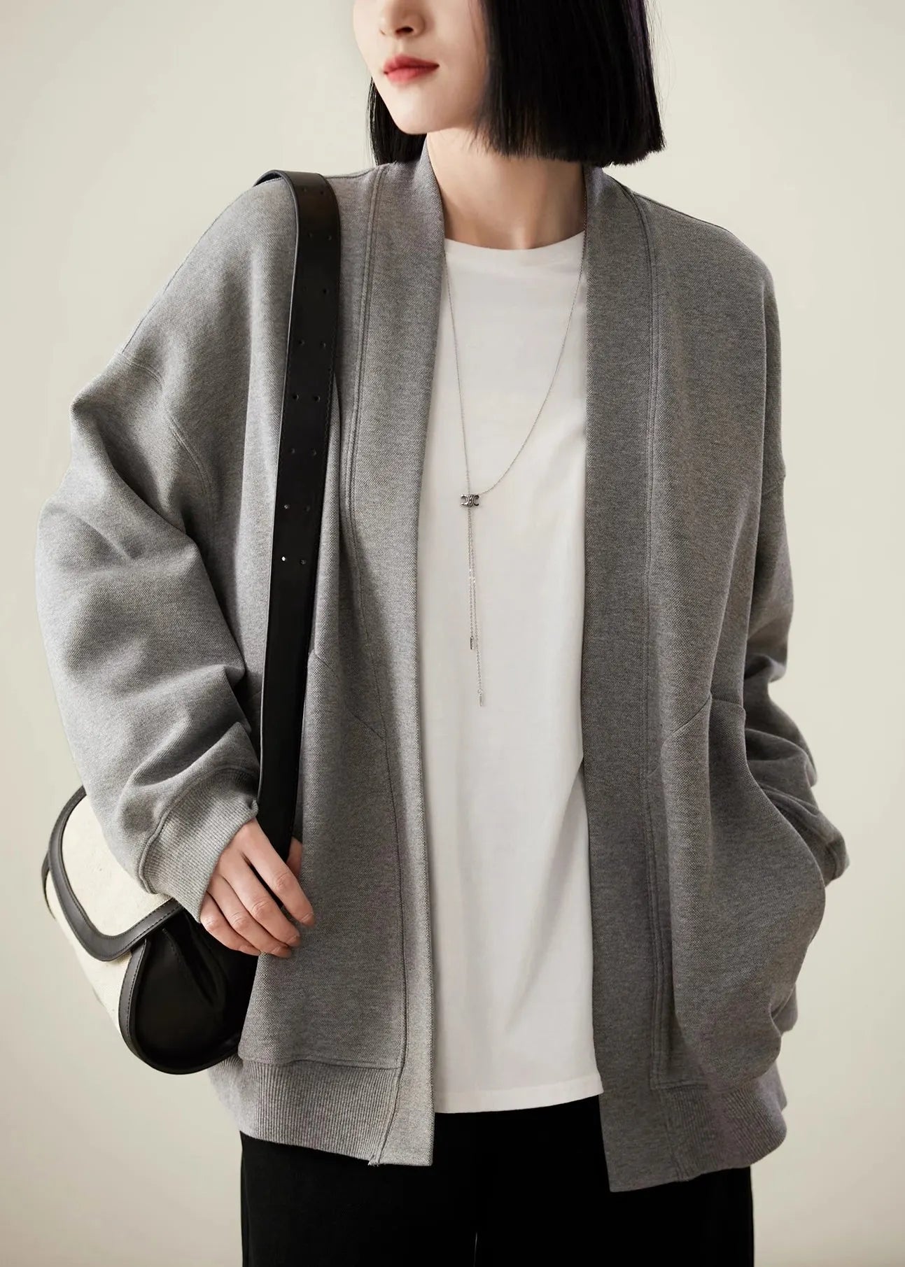 Simple Style Grey V Neck Pockets Cotton Cardigans Spring