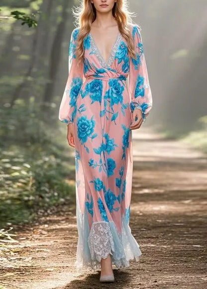 V Neck Lace Print Patchwork Chiffon Dress Spring