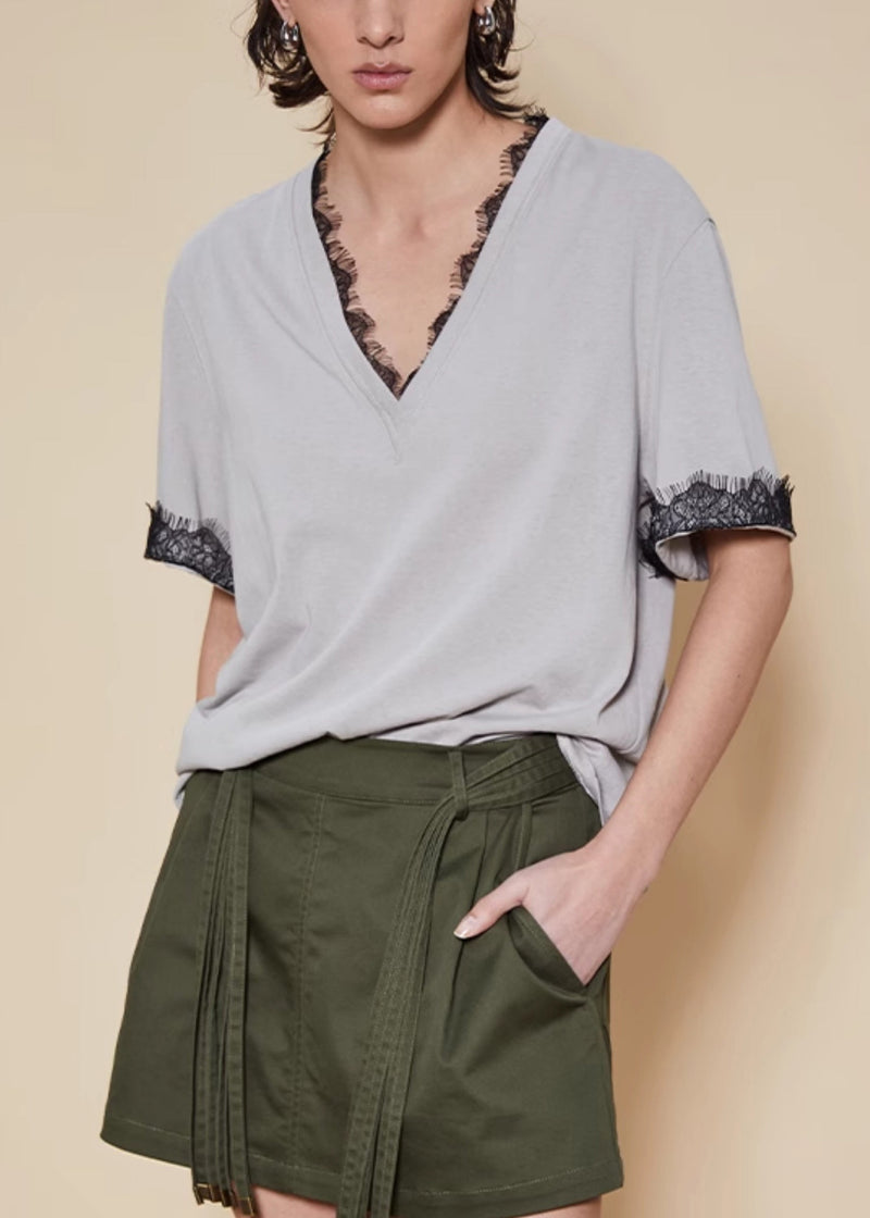 Grey Lace Cotton T Shirt V Neck Short Sleeve