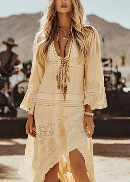 Beige Asymmetrical Lace Patchwork Cotton Dresses Spring