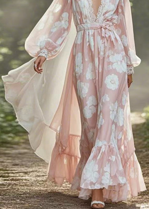 Pink V Neck Tie Waist Chiffon Holiday Dress Spring
