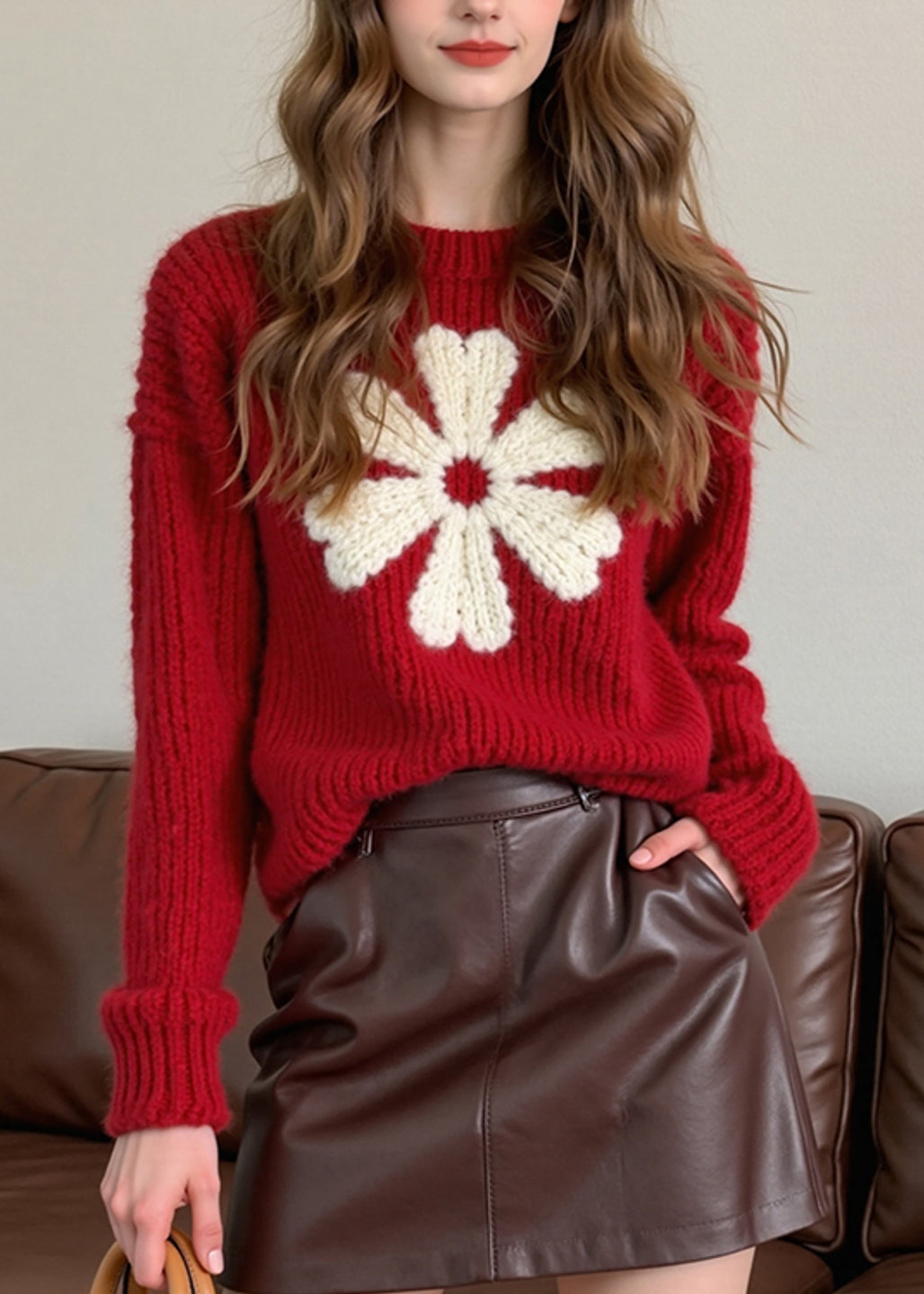 French Red O Neck Thick Knit Sweaters Winter