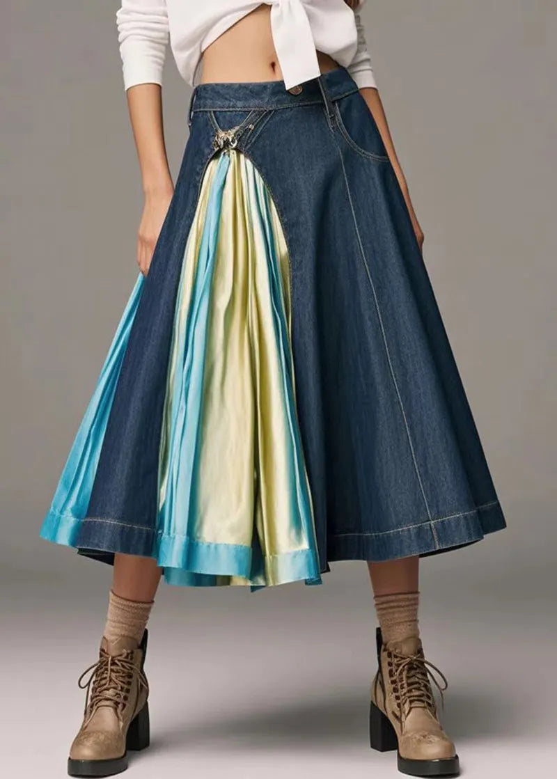 Navy Asymmetrical Patchwork Tie Dye Denim a Line Skirts Fall