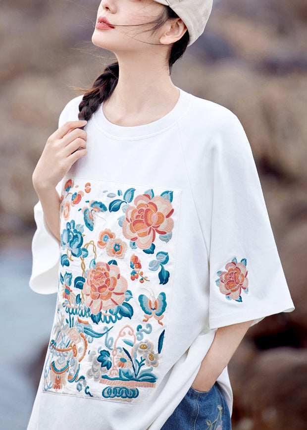 White O-neck Embroidered Cotton T Shirt Summer