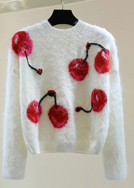 Organic White Embroidered Nail Bead Cotton Knit Sweaterswinter