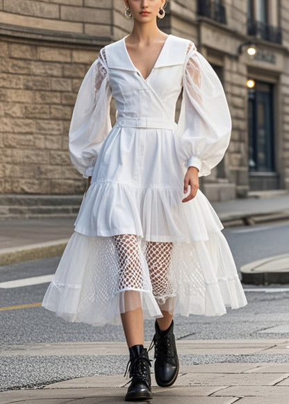 White V Neck Patchwork Tulle Cotton Dress Puff Sleeve