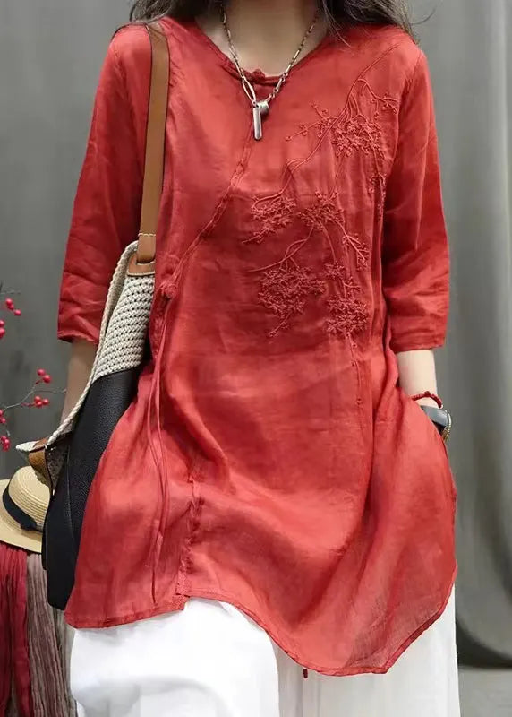 Rose Embroidered Cotton Shirt Top Half Sleeve
