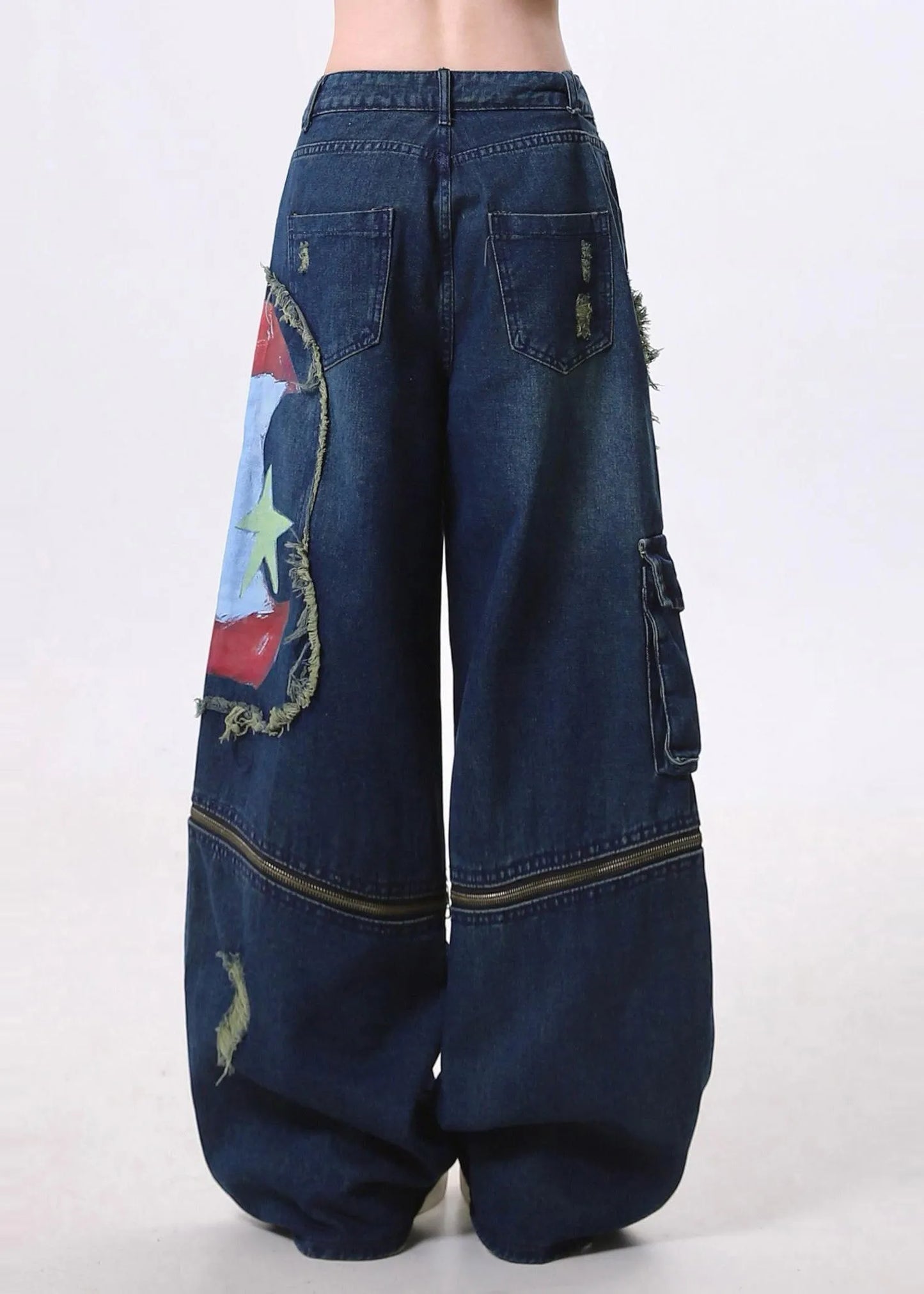 Fitted Navy Patchwork Wear on Both Sides Denim Ripped Pants Spring