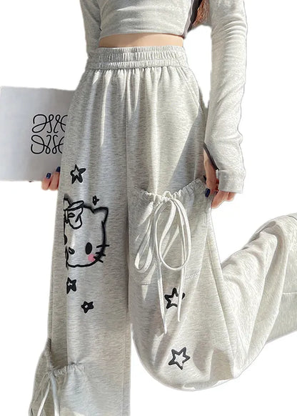 Light Grey Elastic Waist Print Pockets Cotton Pants Fall