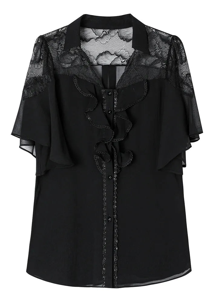 Black Ruffled Lace Patchwork Chiffon Shirt Summer