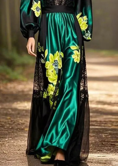 Black Print Pockets Patchwork Silk Long Dresses Spring