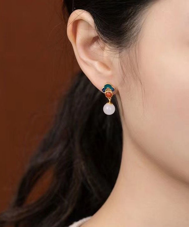 White Sterling Silver Overgild Jade Agate Enamel Auspicious Cloud Drop Earrings