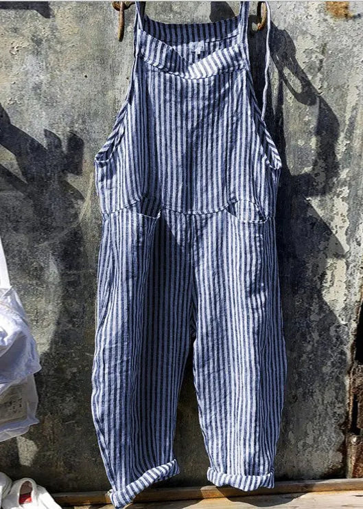 Yellow Striped Pockets Cotton Jumpsuits Summer