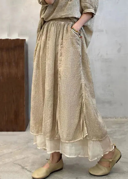 Apricot Side Open Cotton a Line Skirts Elastic Waist