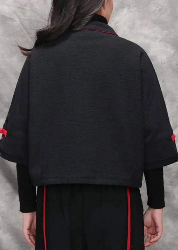 Black Peter Pan Collar Embroidered Coats Long Sleeve