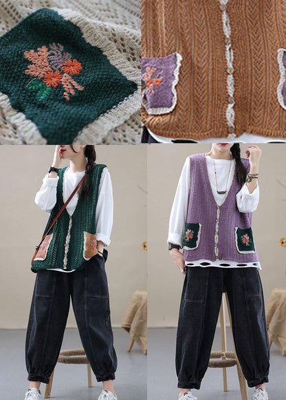 Style Khaki Embroidered Pockets Fall Shirt Knit Vest Sleeveless