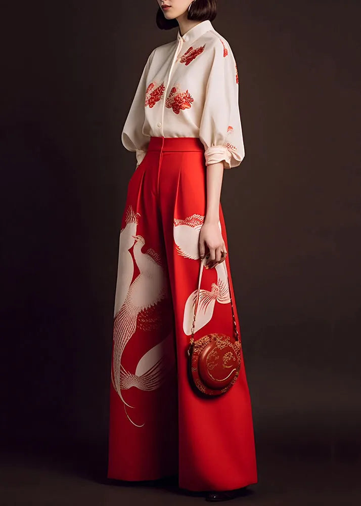 Beige Tops and Red Wide Leg Pants Chiffon Two Piece Set Fall