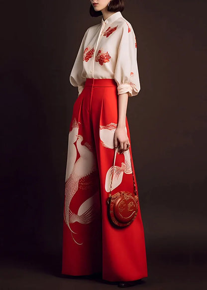 Beige Tops and Red Wide Leg Pants Chiffon Two Piece Set Fall