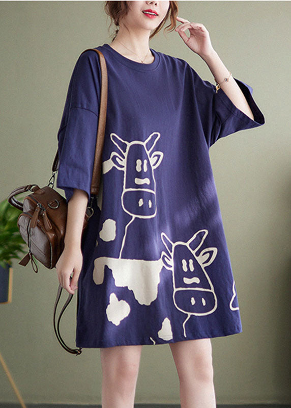 Blue O-neck Cow Print Cotton Vacation Dresses Short Sleeve