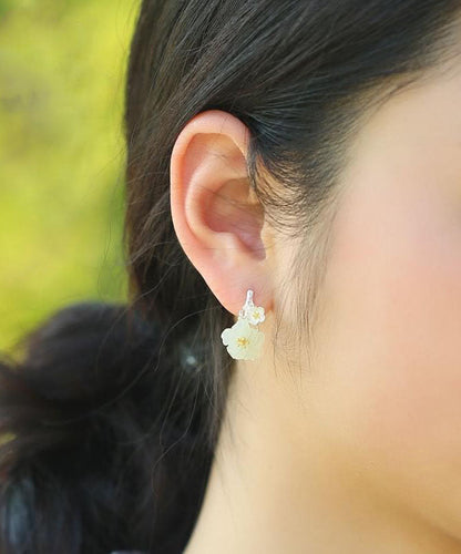 Classy White Sterling Silver Inlaid Jade Hoop Earrings