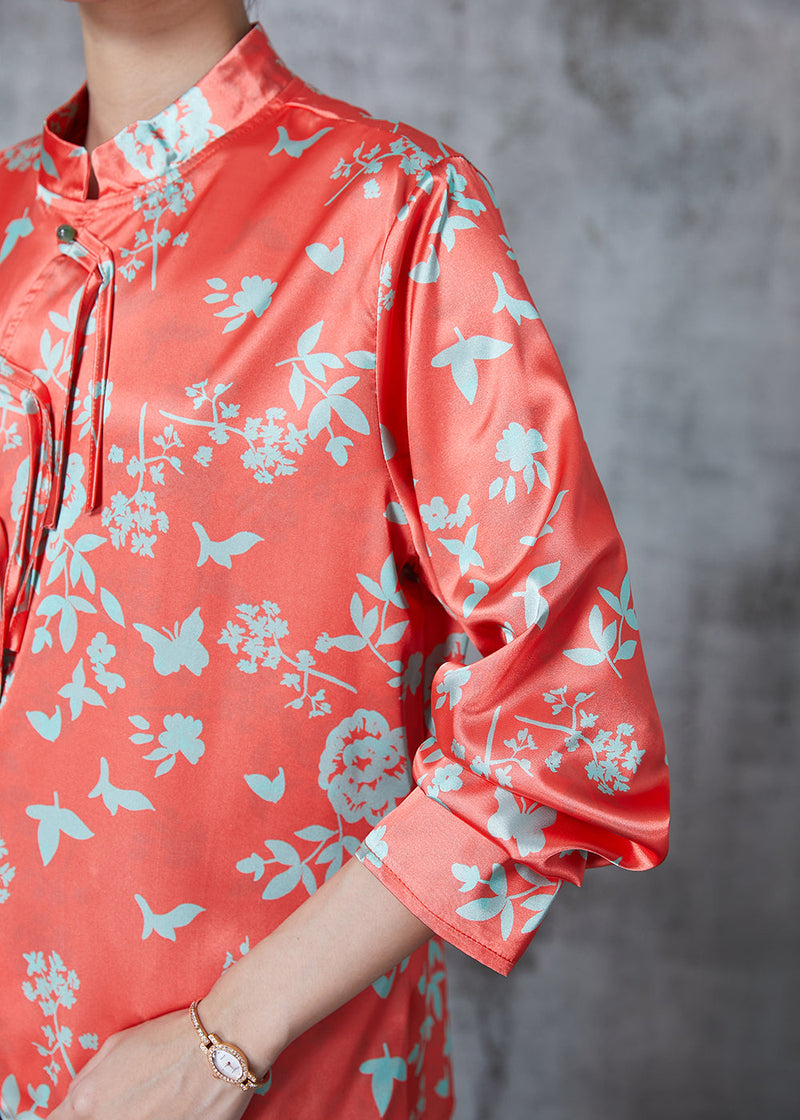 Art Red Print Silk Blouses Asymmetrical Tasseled Fall