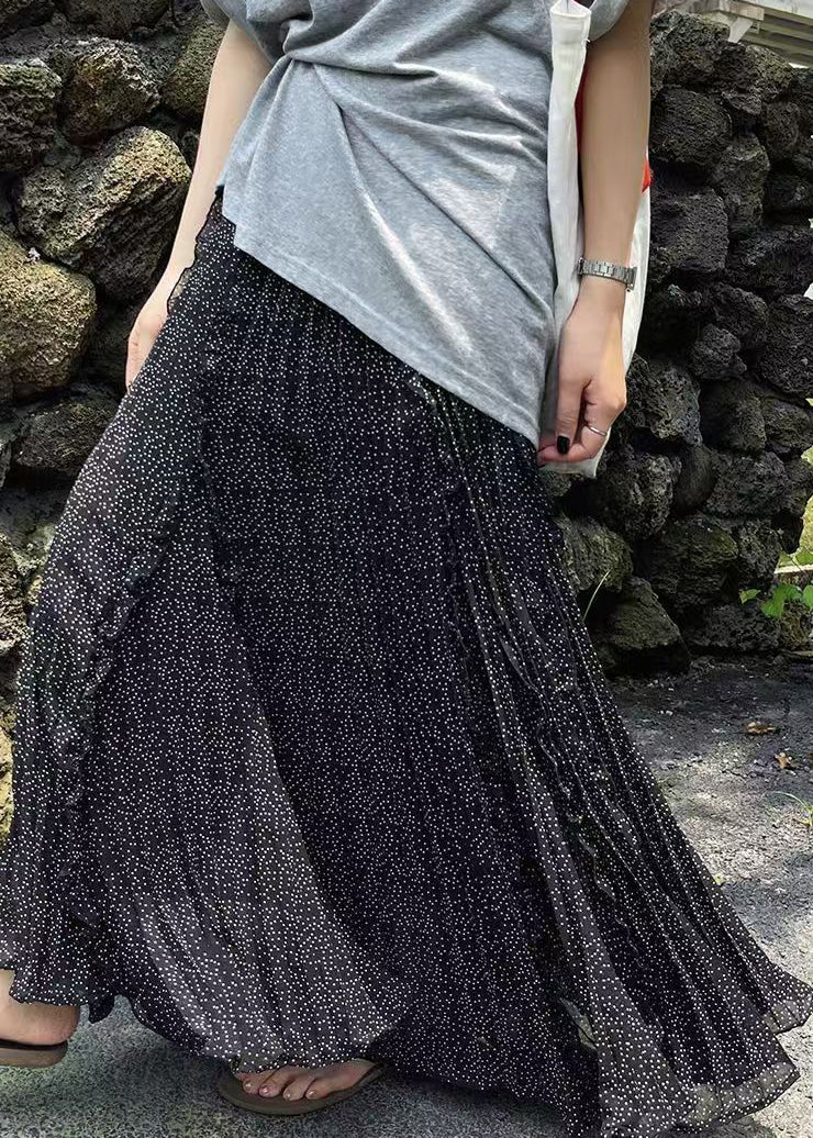 Loose Black Ruffled Print Chiffon a Line Skirts Fall