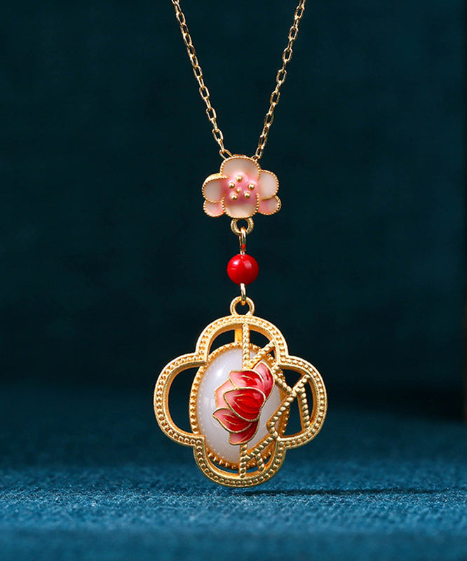 Red Ancient Gold Inlaid Jade Lotus Flower Agate Pendant Necklace