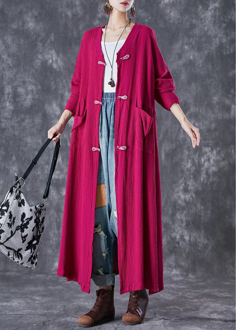 Rose Chinese Button Wrinkled Linen Long Cardigan Fall