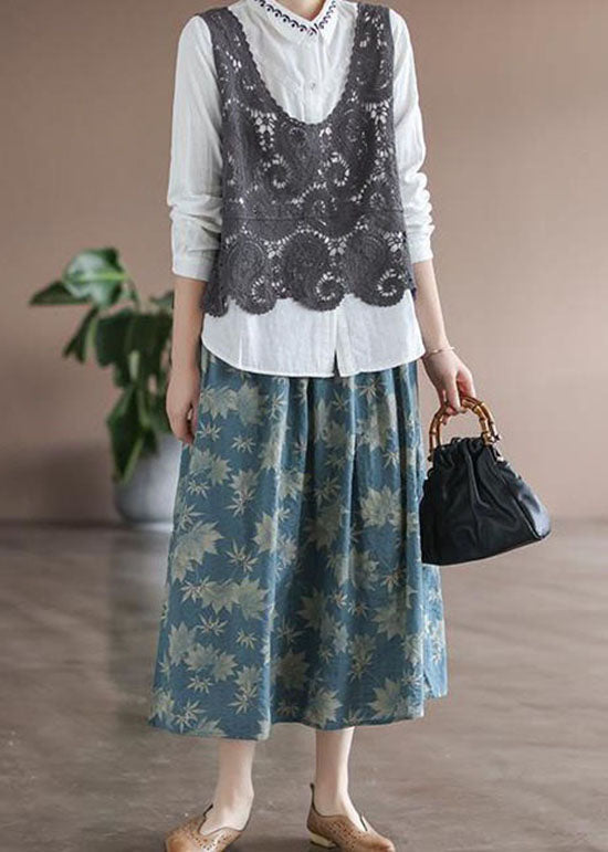 Blue Wrinkled Pockets Print Linen Skirt Spring