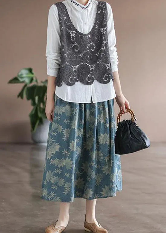 Blue Wrinkled Pockets Print Linen Skirt Spring