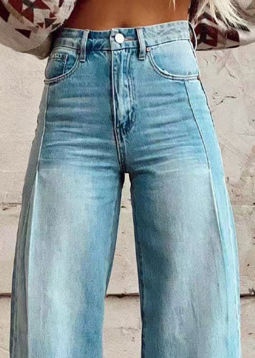 Loose Light Blue Button Pockets High Waist Denim Wide Leg Pants Spring