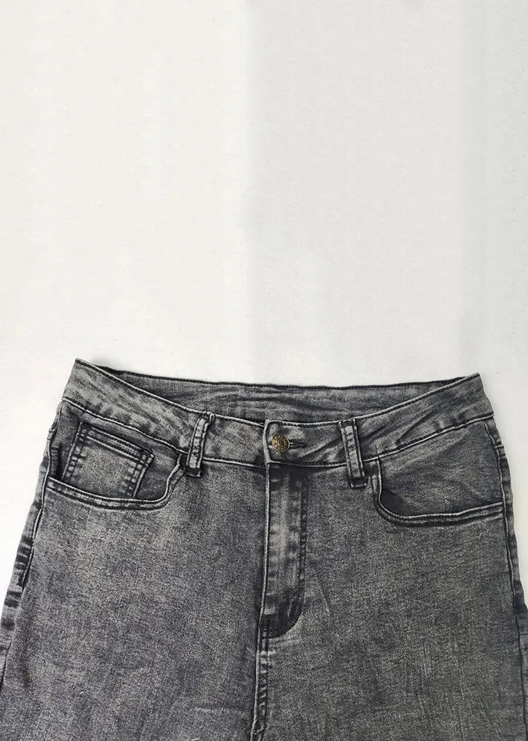 Grey Lace Patchwork Denim Crop Pants Summer