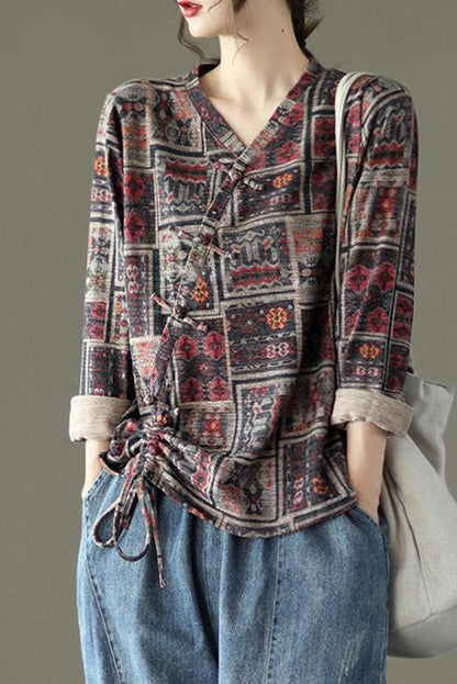 Retro Drawstring Print Cotton Blouse