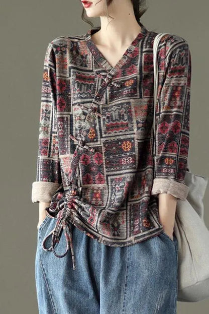 Retro Drawstring Print Cotton Blouse