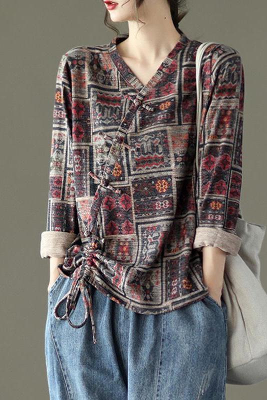 Retro Drawstring Print Cotton Blouse