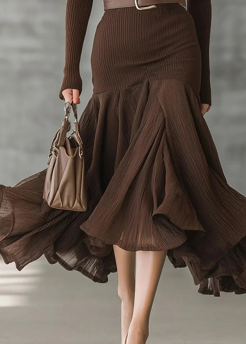 Unique Chocolate V Neck Ruffled Patchwork Cotton Dress Fall