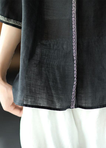 Natural Black O-neck Embroidered Summer Ramie Blouses Half Sleeve