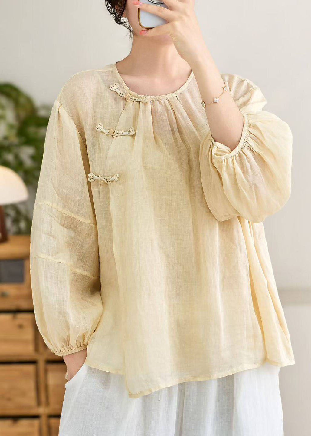 Blue O Neck Oriental Button Linen Shirt Top Lantern Sleeve