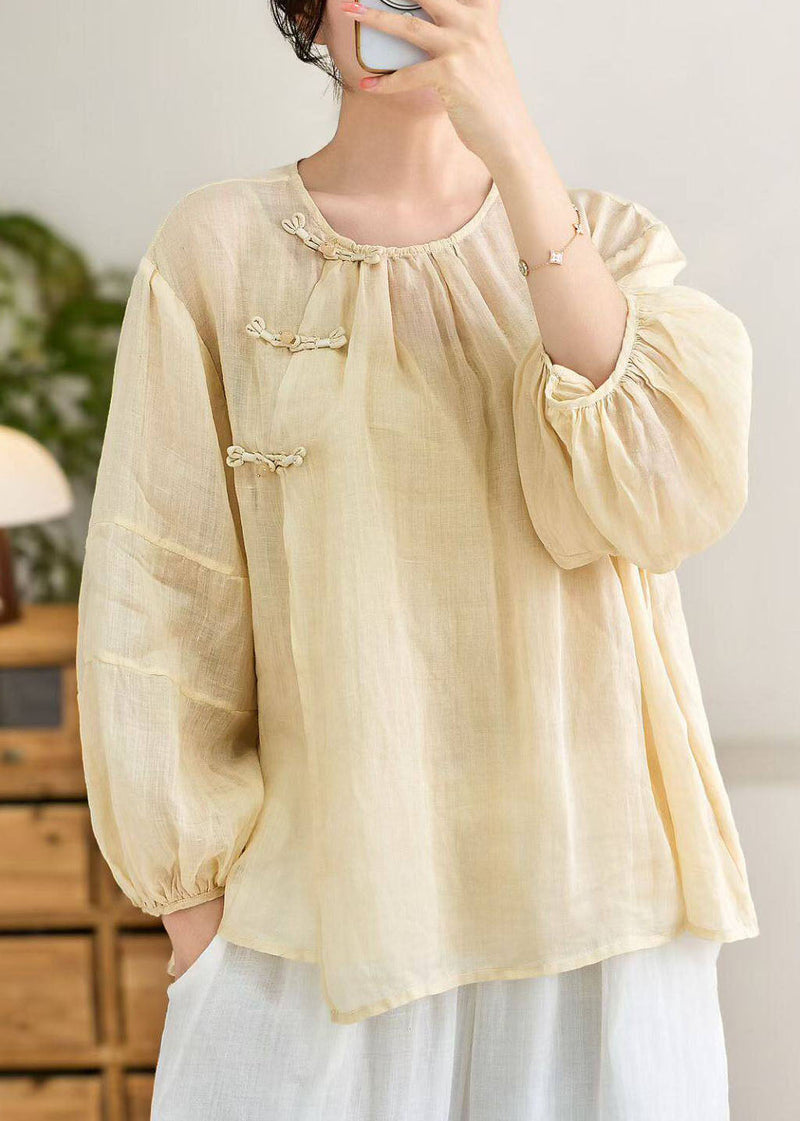 Blue O Neck Oriental Button Linen Shirt Top Lantern Sleeve