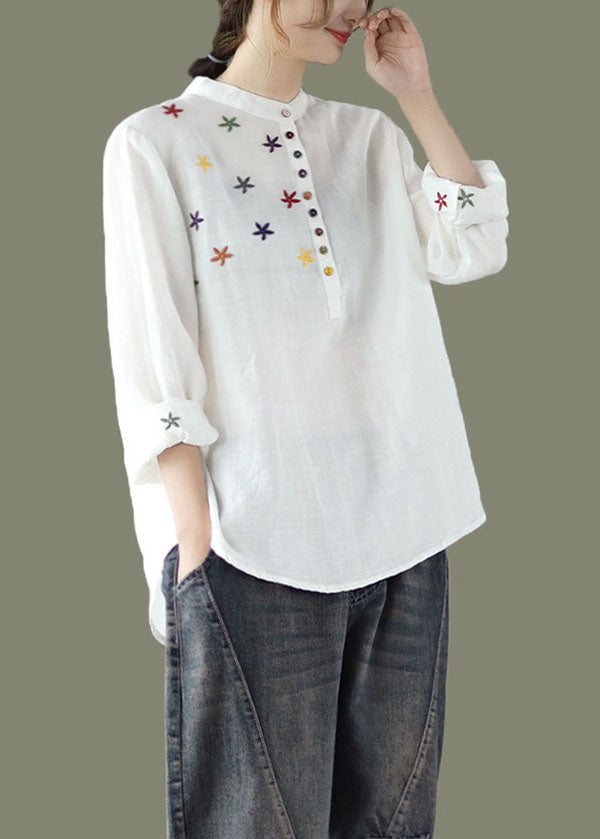 White Stand Collar Embroidered Linen Shirt Spring