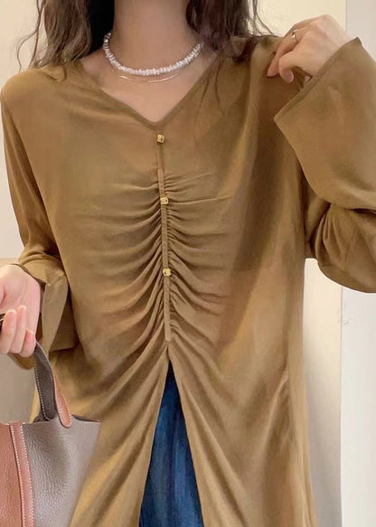 Khaki Front Open Cotton Fall Blouses V Neck