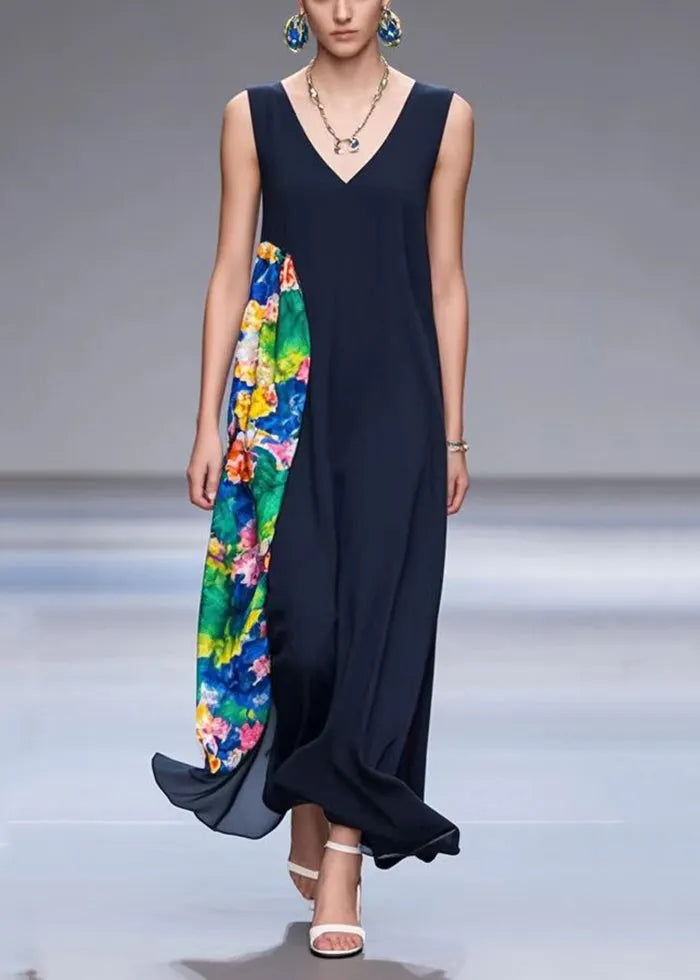 Black Asymmetrical Patchwork Chiffon Dresses Summer