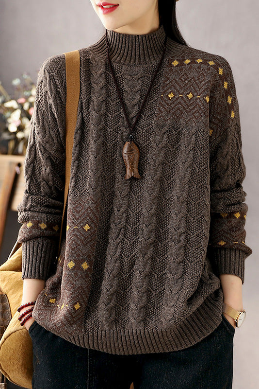 -retro Contrast Sweater Loose Turtleneck Sweater