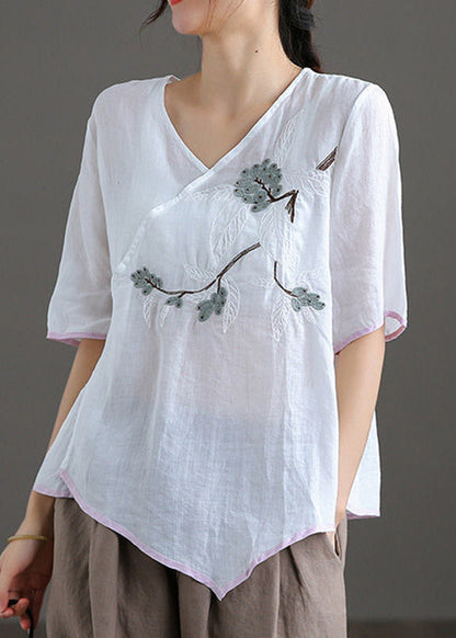 Fine White V Neck Embroidered Linen Top Short Sleeve