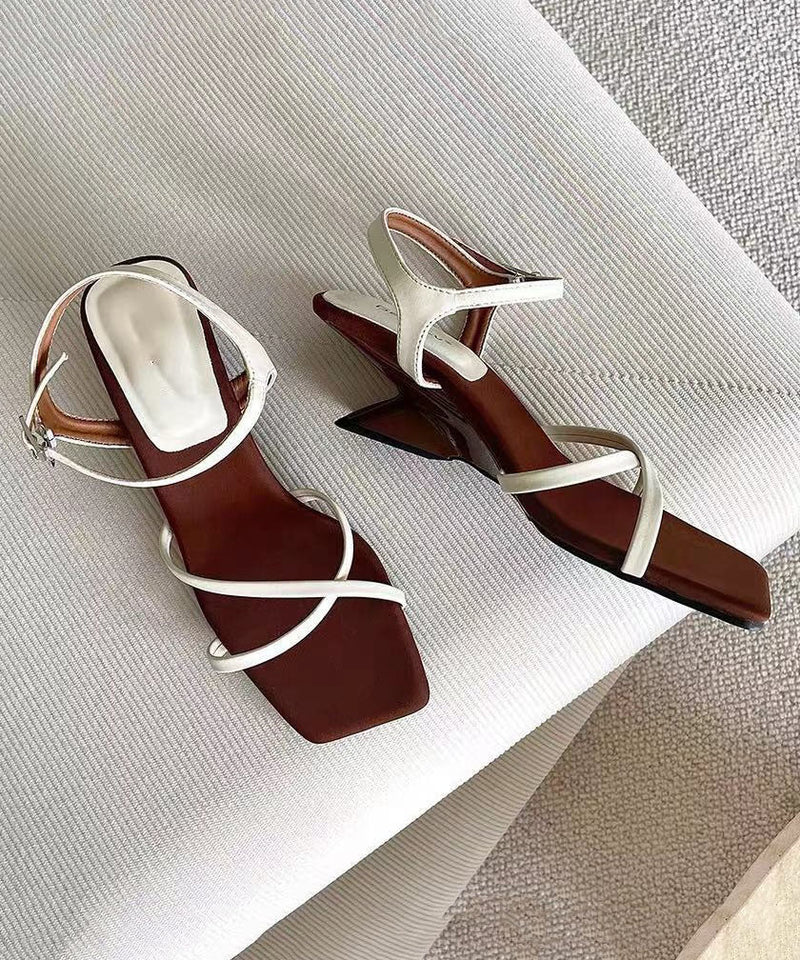 Stylish Beige Splicing Cowhide Leather Wedge Sandals Peep Toe
