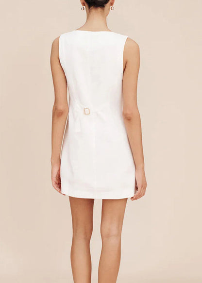 European and American Style White Square Collar Button Linen Dress Sleeveless