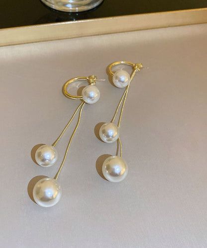 White Copper Pearl Tassel Drop Earrings
