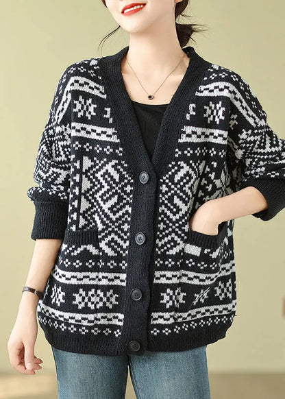 Black Oversized Print Knit Cardigan Spring