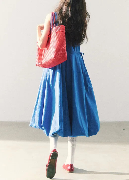 Original Blue O-neck Tie Waist Cotton Long Dress Sleeveless